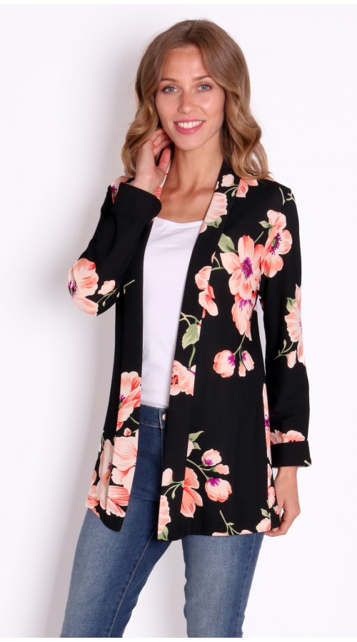 Flower Print Black Jacket