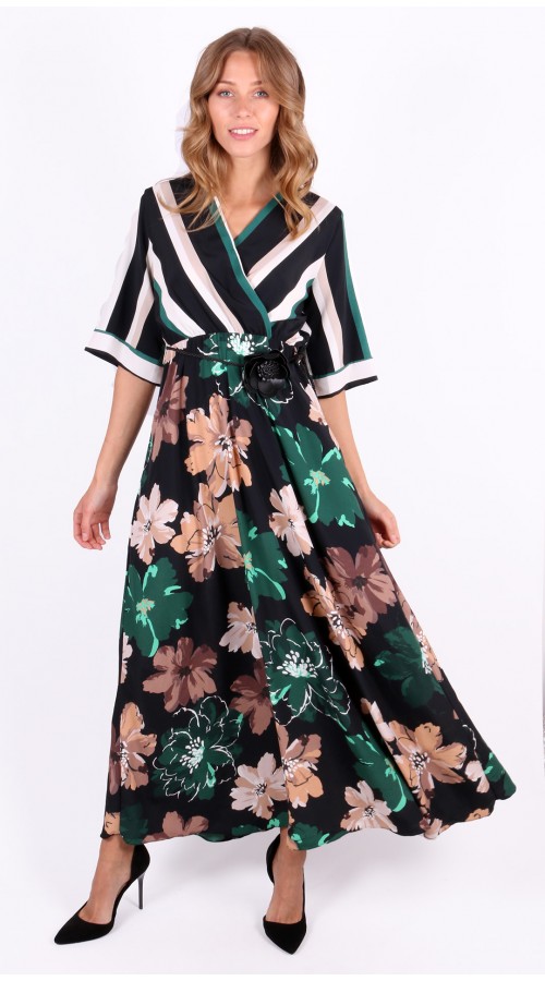 Stripe & Flower Print Maxi Dress